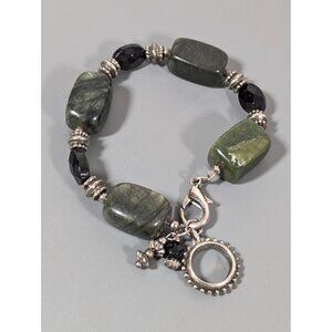 Polished Green Stone Bead Black Faceted Glass Bracelet‎ Chunky Boho Statement 7"
